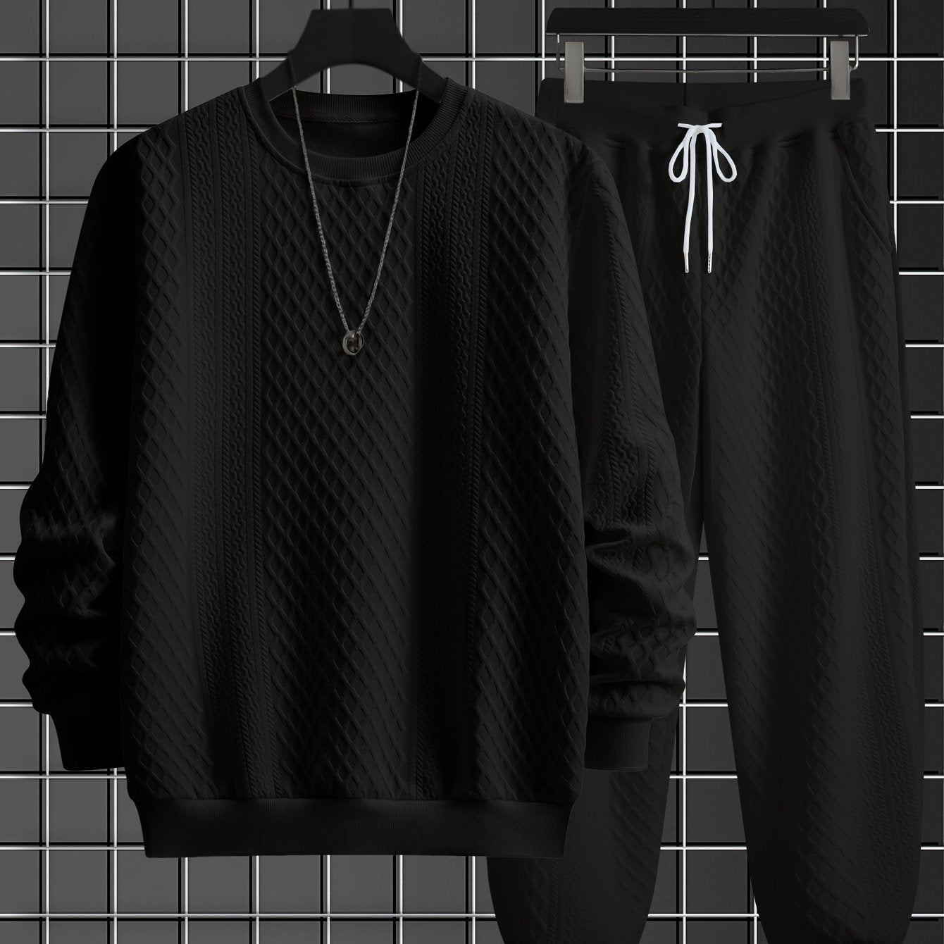 Ensemble Homme Pull Col Rond et Pantalon Jogging Tissé Motif Losanges