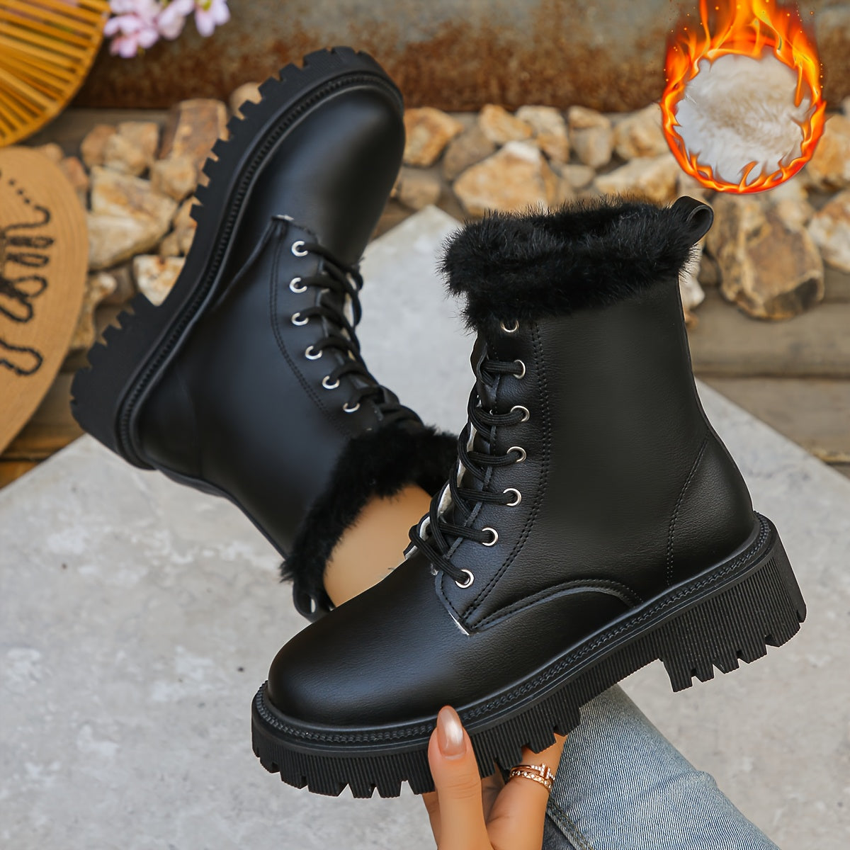 Bottes chunky fourrées à lacets pour femme