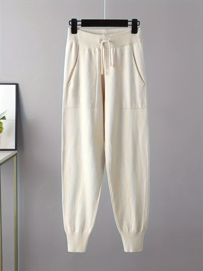 Ensemble pull col V et pantalon jogger, tricot doux, beige clair