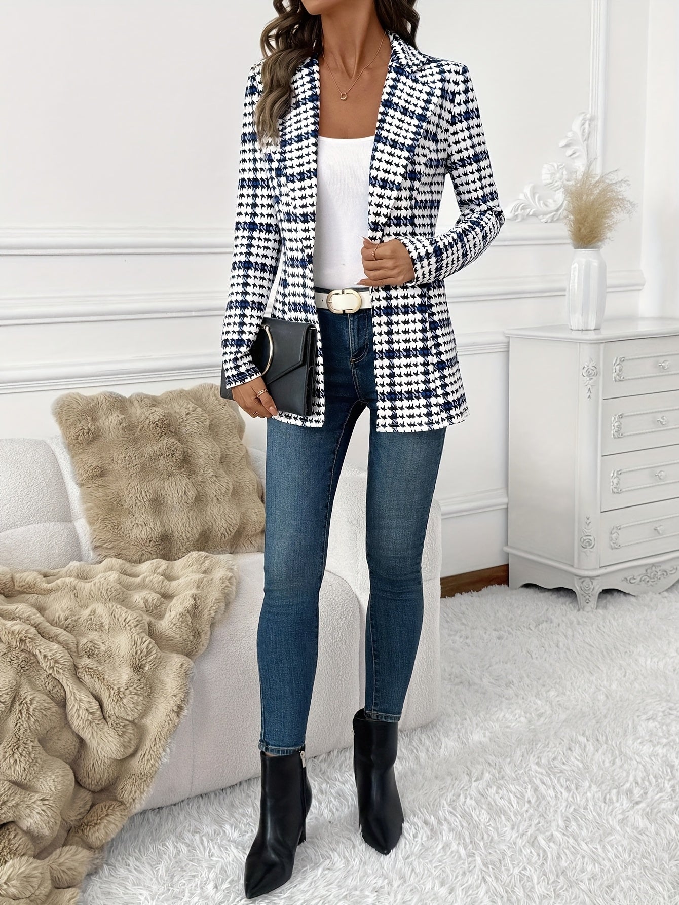 Blazer femme élégant à carreaux style bureau pour le printemps
