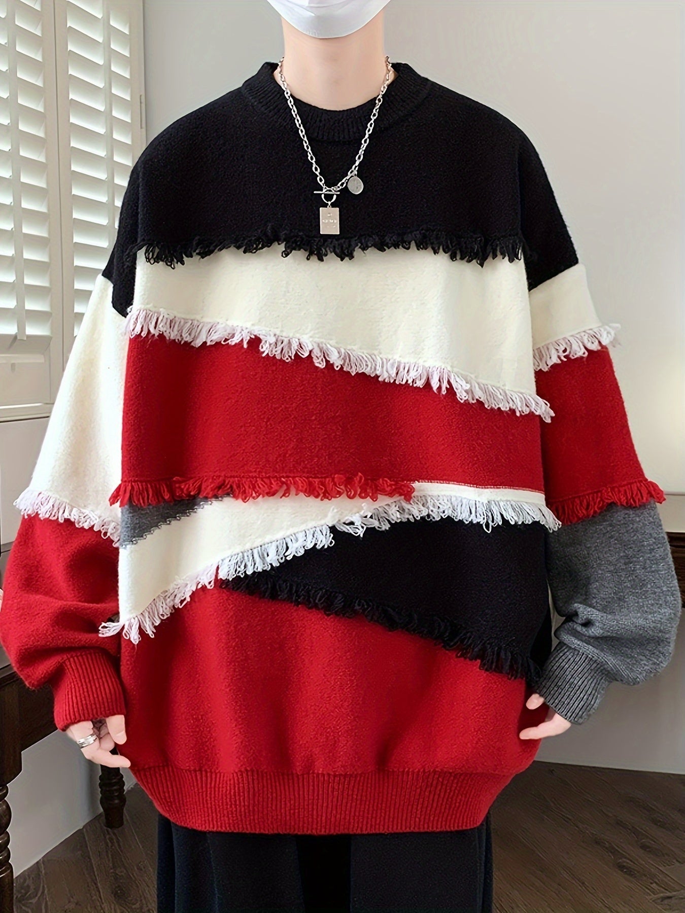 Pull Homme Col Rond Color Block à Franges Tricoté Décontracté