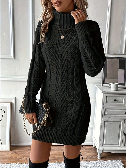 Robe pull côtelée à col roulé et motifs torsadés pour femme
