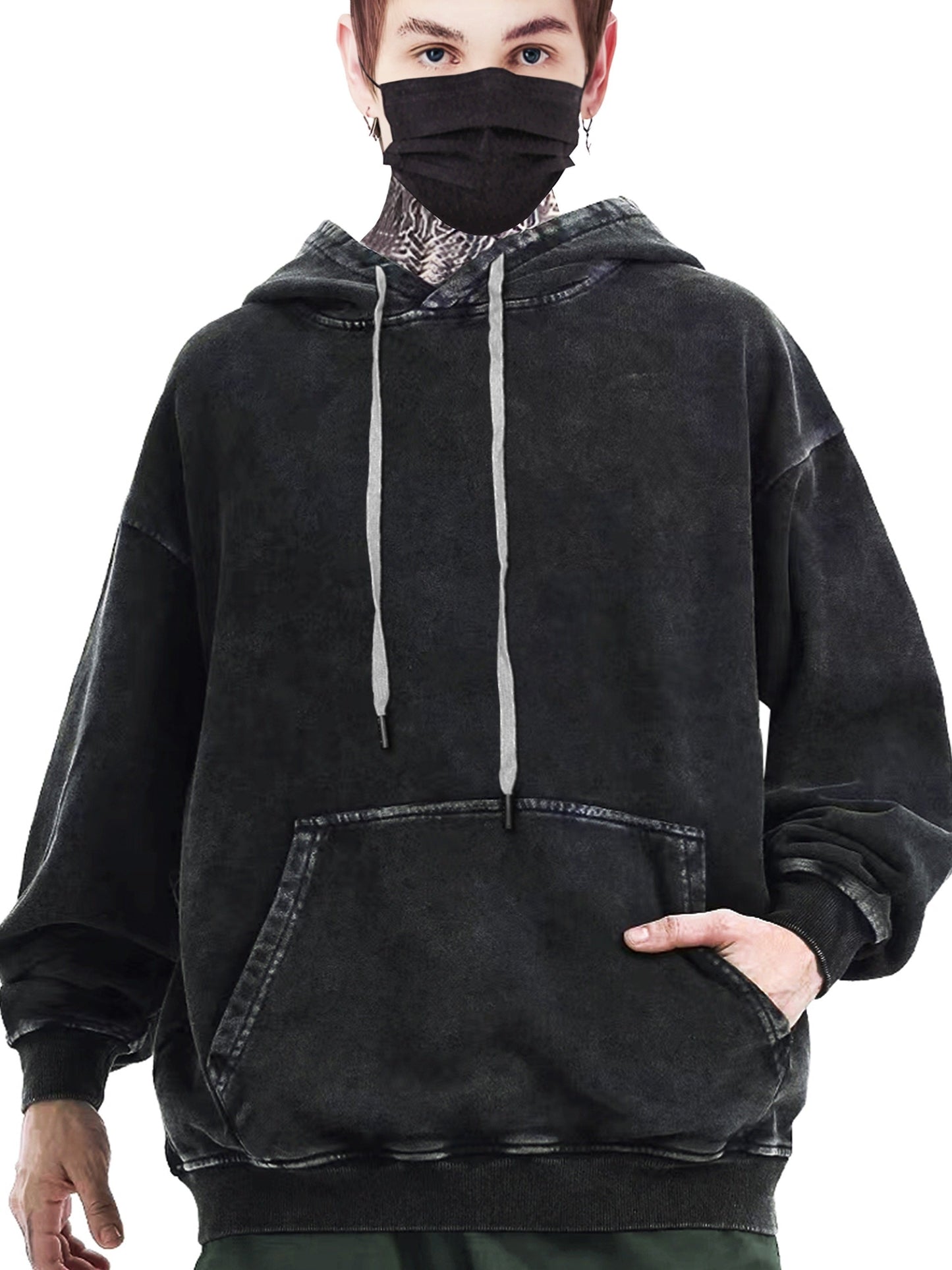 Sweat à Capuche Unisexe Gris Foncé Délavé avec Poche Kangourou