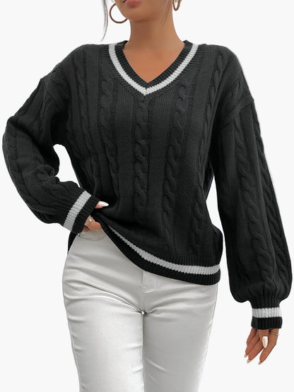 Maglione elegante a trecce con scollo a V da donna stile universitario autunno inverno