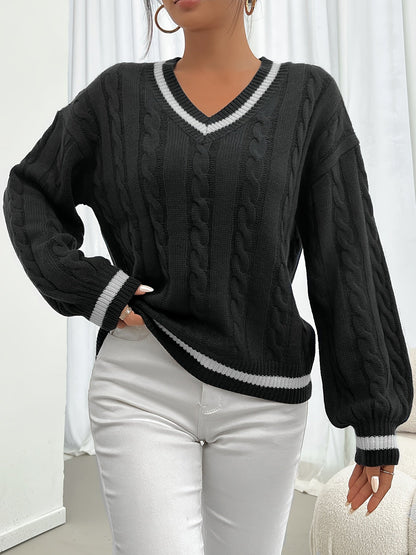 Pull col V torsadé rayé pour femme - Manches longues bouffantes