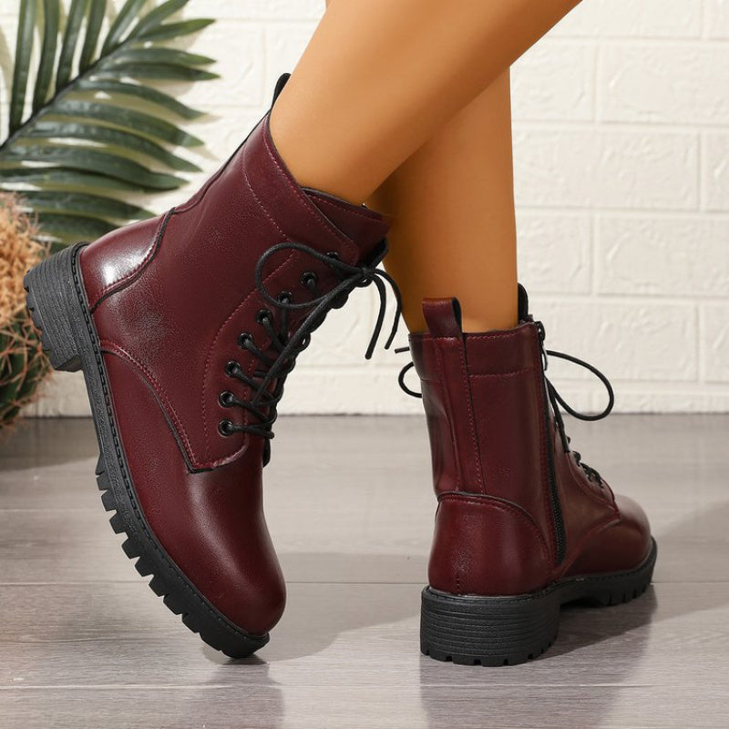 Bottes chelsea femme bordeaux à lacets et fermeture éclair latérale, semelle épaisse