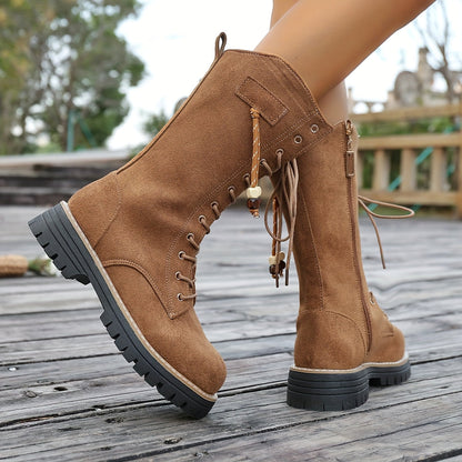 Bottes hautes camel lacées avec fermeture éclair latérale et semelle crantée pour femme