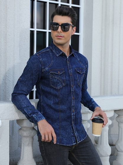 Chemise Homme Effet Délavé Bleu Foncé Manches Longues Boutons Marron