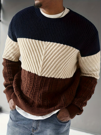Pull homme tricoté à rayures color block bleu marine, beige et marron