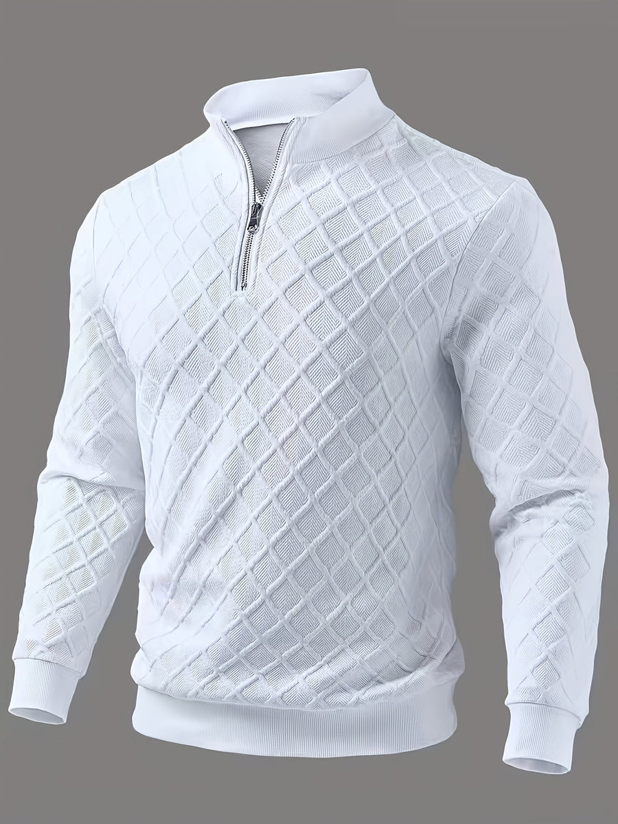 White textured men's sweater with a zip-up stand collar