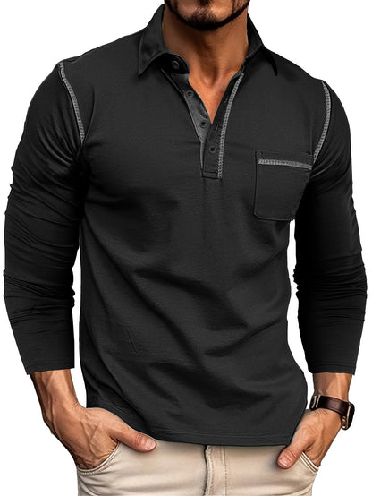 Polo Homme Manches Longues à Col Relevé avec Patte de Boutons et Poches Poitrine Décoratives