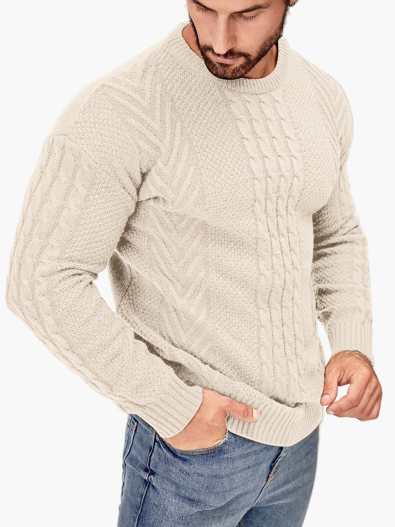 Jersey de punto trenzado para hombre estilo urbano casual – Mangas largas, elegante otoño/invierno