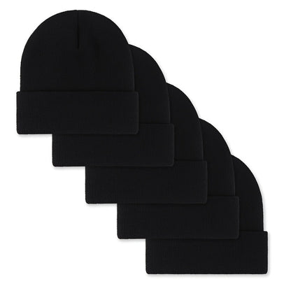 Lot de 5 Bonnets en Maille Côtelée avec Revers – Couleurs Assorties ou Unies