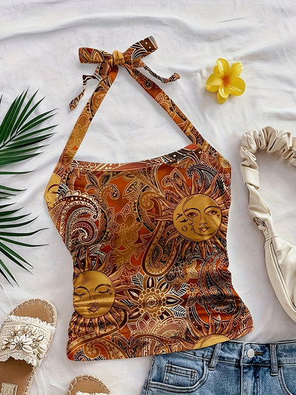 Damen-Top mit Rückenausschnitt im Vintage-Boho-Stil mit Sonne- und Mond-Motiv für den Sommer