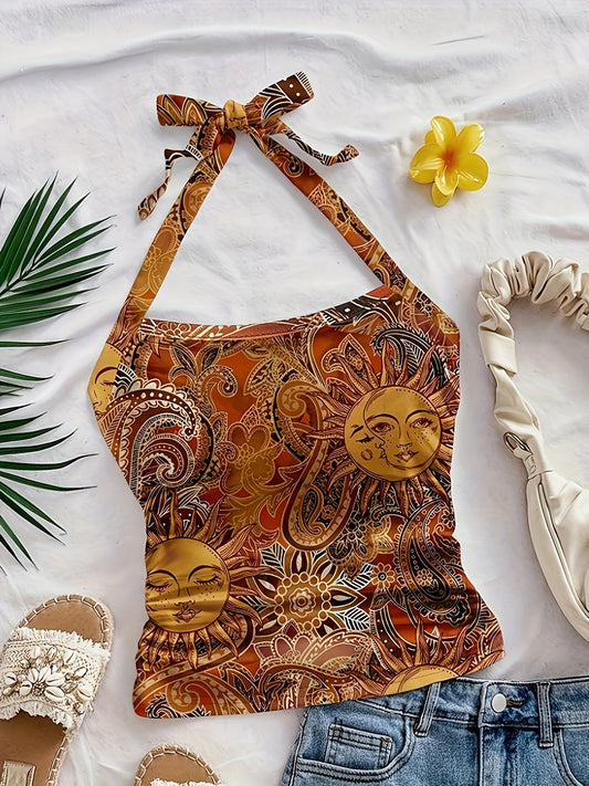 Vintage boheme-stil dame top med bar ryg og sol- og måneprint til sommer