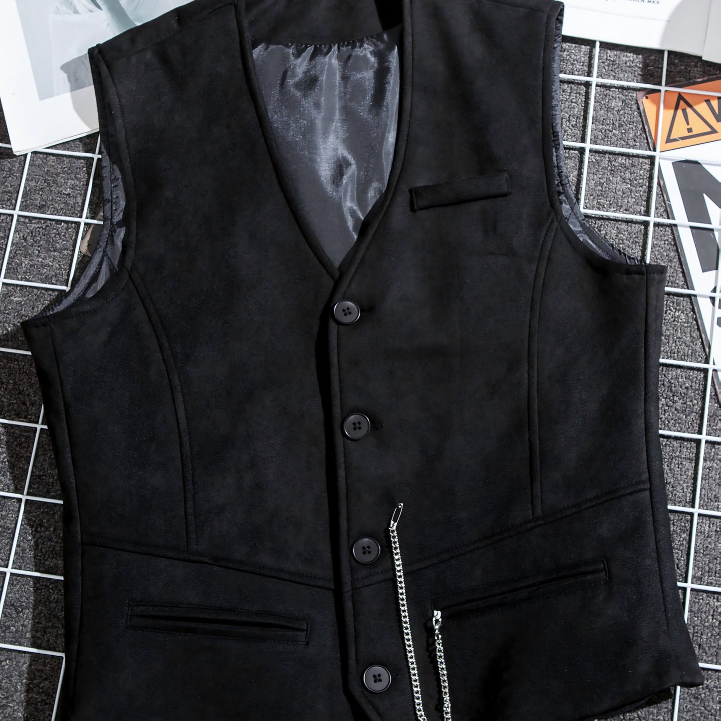 Gilet de Costume Homme Uni Col en V Décoration Chaîne Boutons