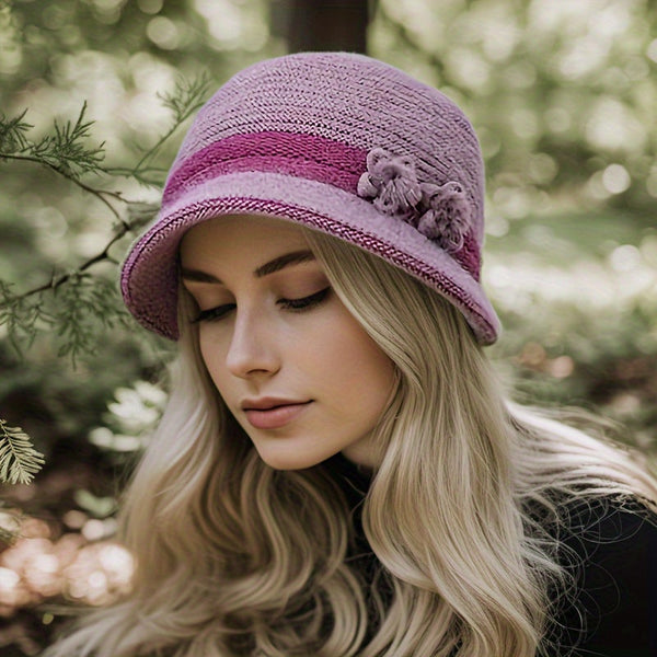 Sombrero cloche de punto para mujer con cinta y decoraciones florales, varios colores disponibles