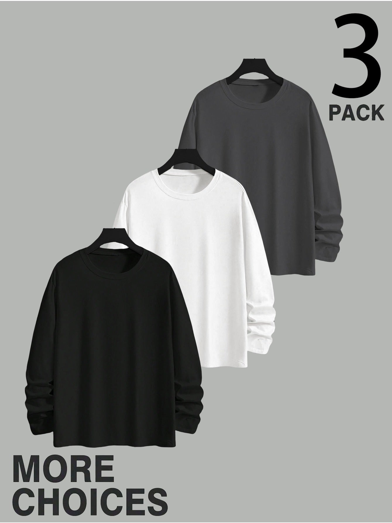 Lot de 3 T-shirts Homme Manches Longues Unis Cou Ras-du-cou Noir Gris Blanc
