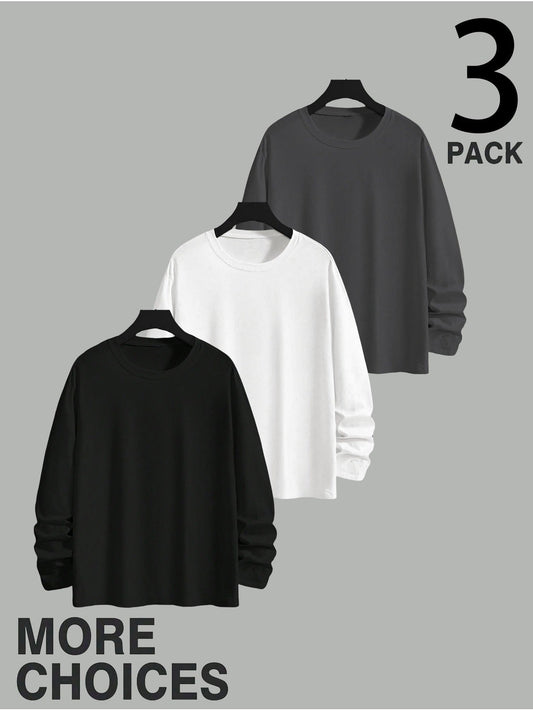Lot de 3 T-shirts Homme Manches Longues Unis Cou Ras-du-cou Noir Gris Blanc
