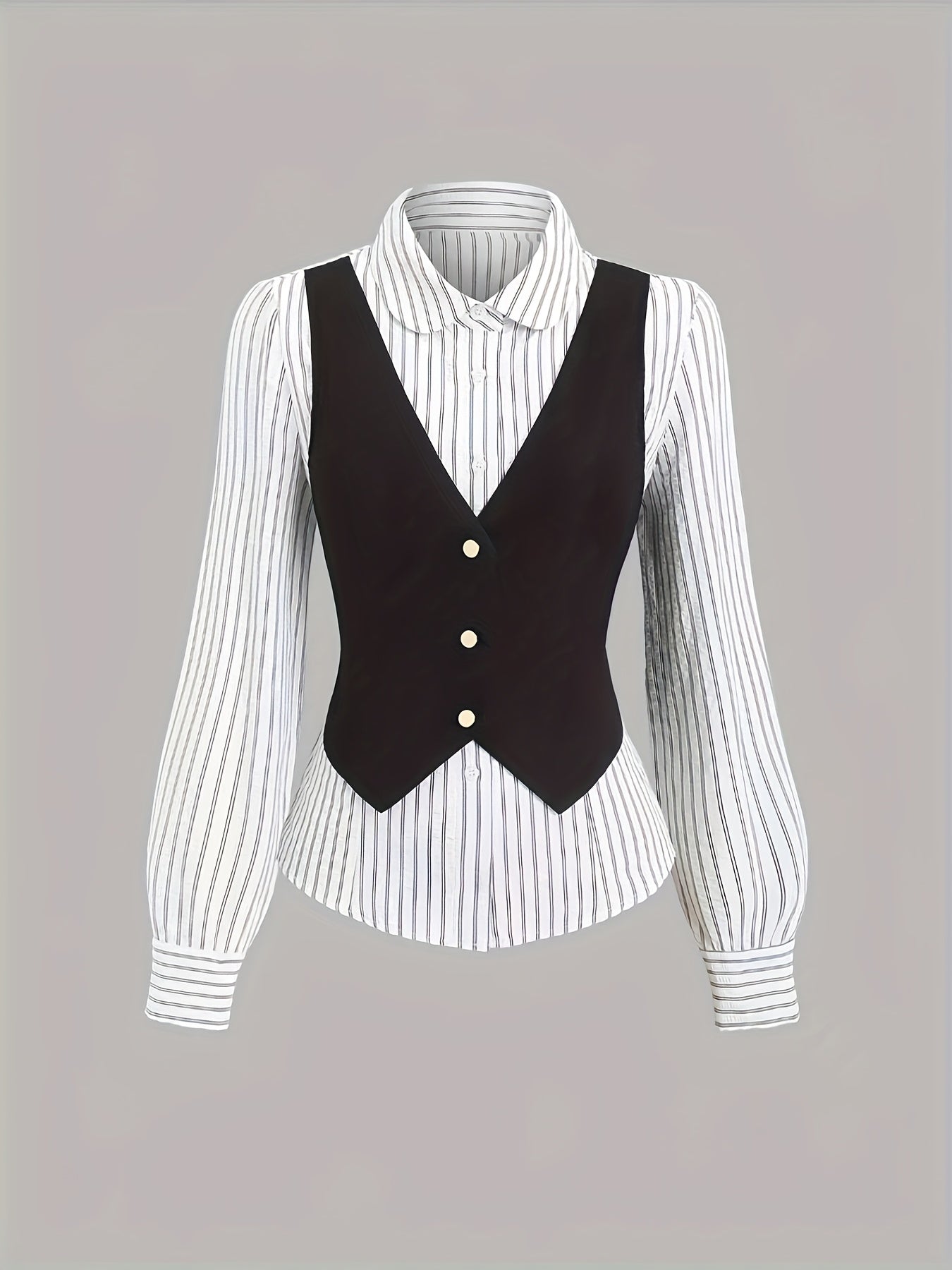 Ensemble chemise rayée blanche et noire avec gilet sans manches boutonné pour femme