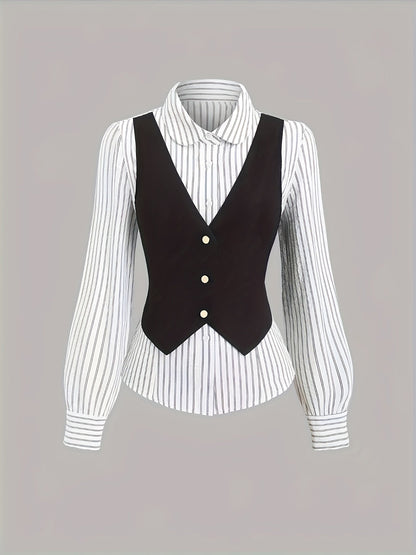 Ensemble chemise rayée blanche et noire avec gilet sans manches boutonné pour femme