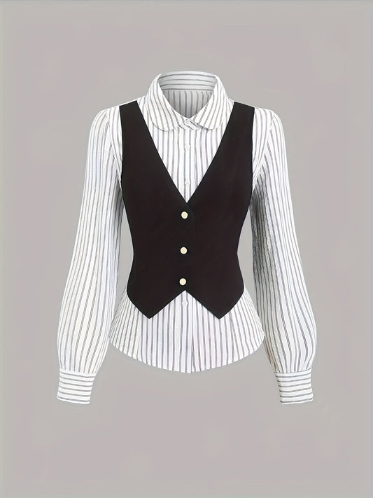 Ensemble chemise rayée blanche et noire avec gilet sans manches boutonné pour femme