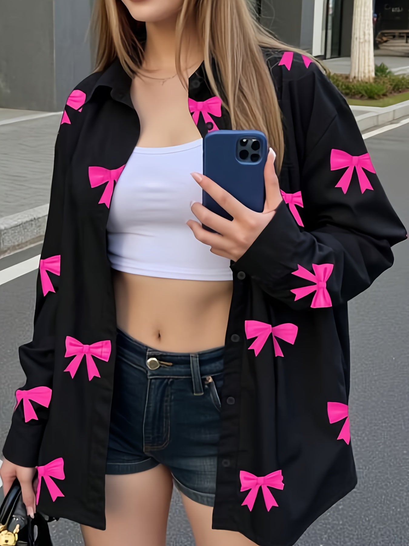Chemise Femme Noire à Nœuds Roses Manches Longues Boutonnée