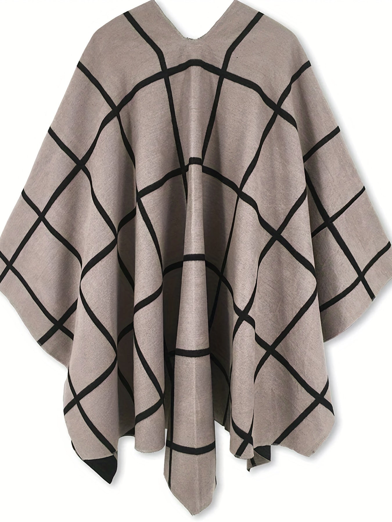 Poncho Réversible Femme Grille Noir et Beige Style Cape Élégante