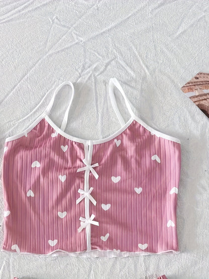 Pyjama d'été femme deux pièces style mignon à cœurs, ensemble débardeur et short, confortable pour la nuit