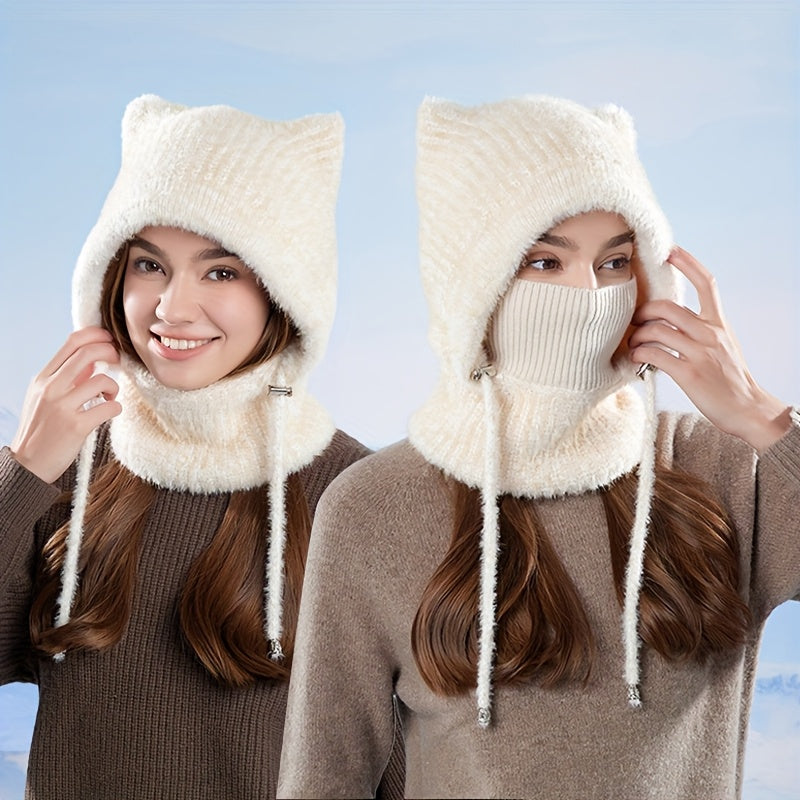 Cagoule tricotée femme avec oreilles de chat en matière douce