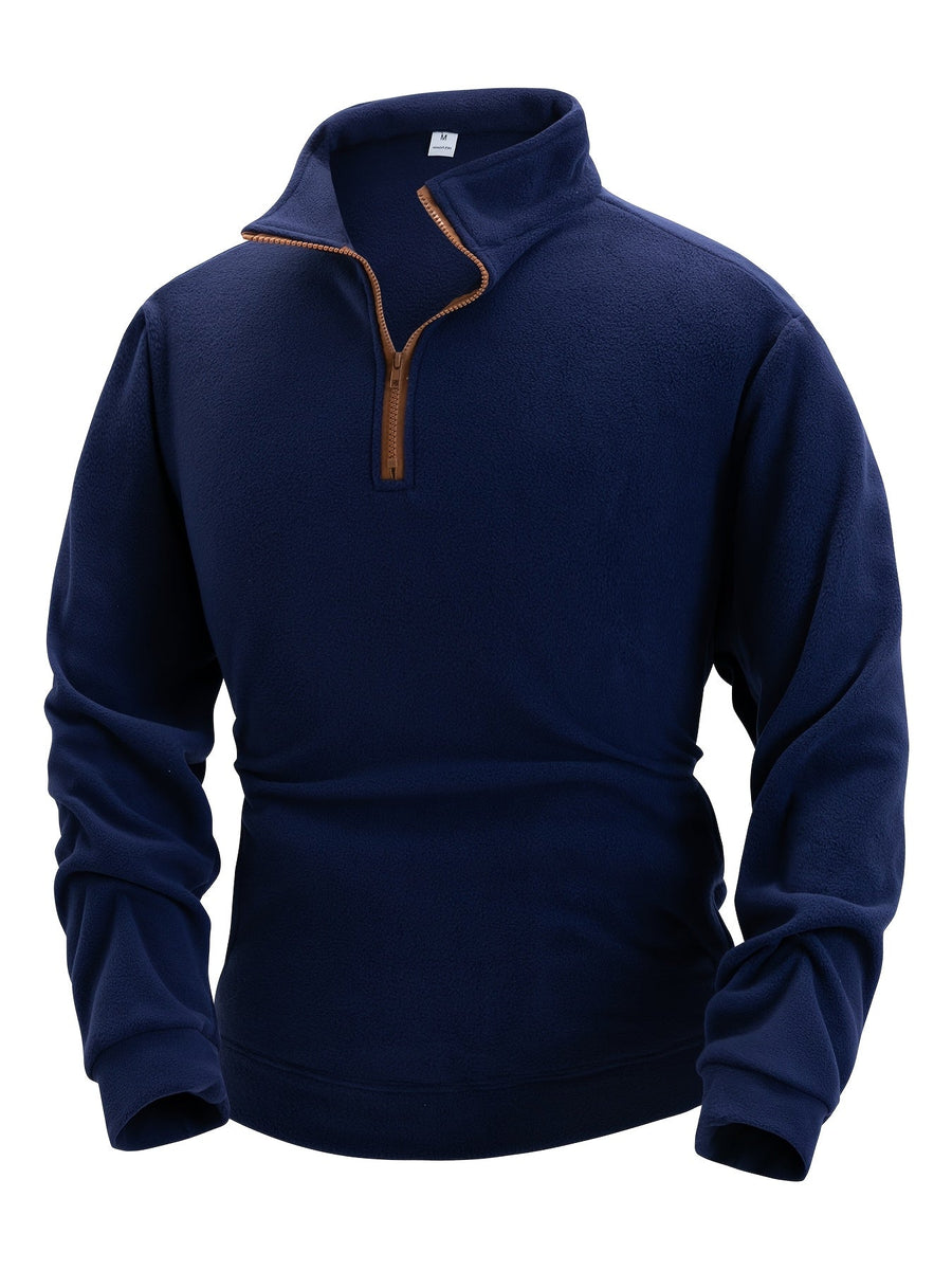 Herren-Fleece-Pullover mit halbem Reißverschluss, Stehkragen, langen Ärmeln und seitlichen Taschen