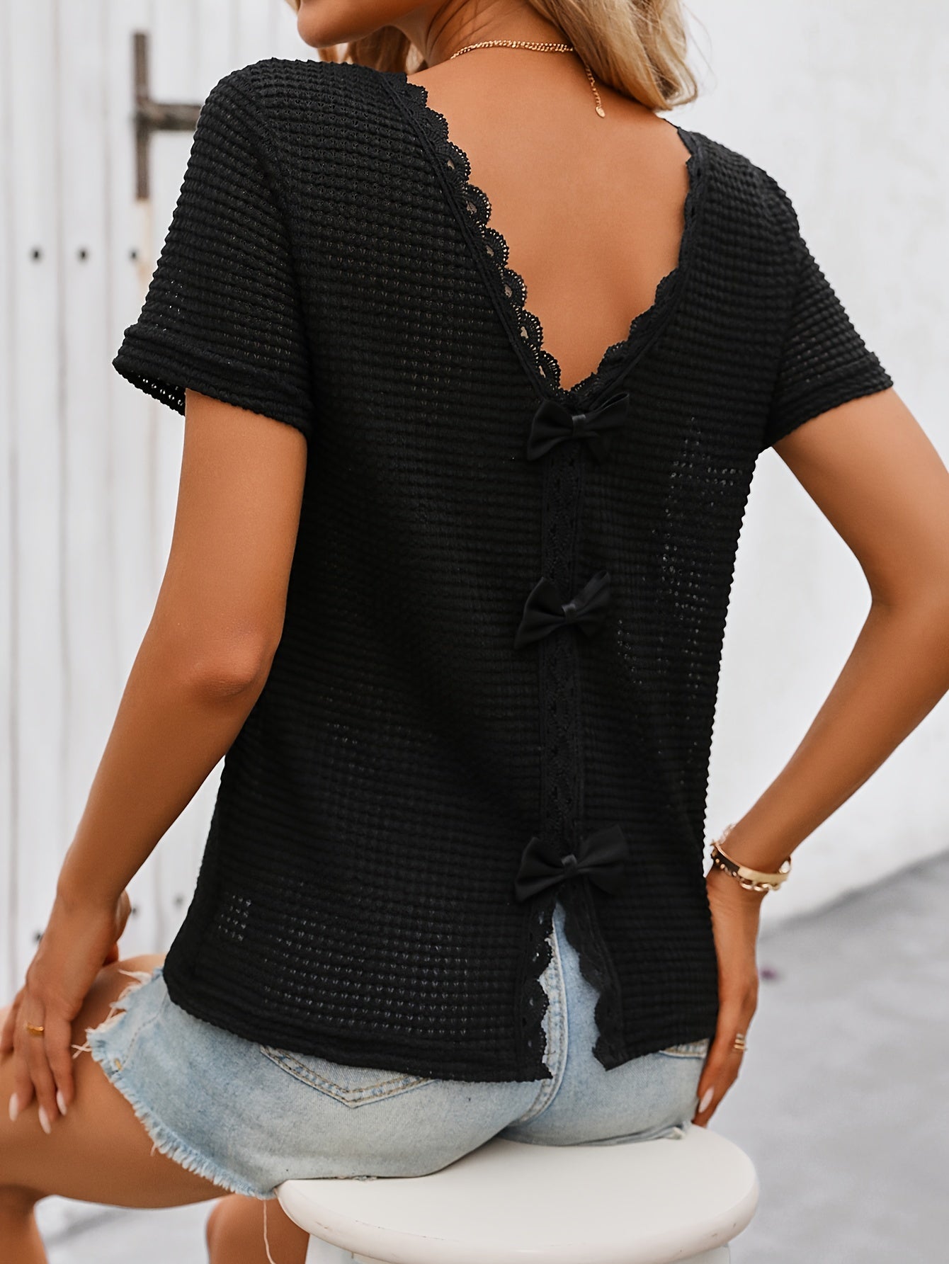 Top Femme Décontracté Dos Nu avec Nœuds et Dentelle Style Romantique