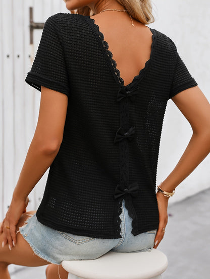 Top Femme Décontracté Dos Nu avec Nœuds et Dentelle Style Romantique