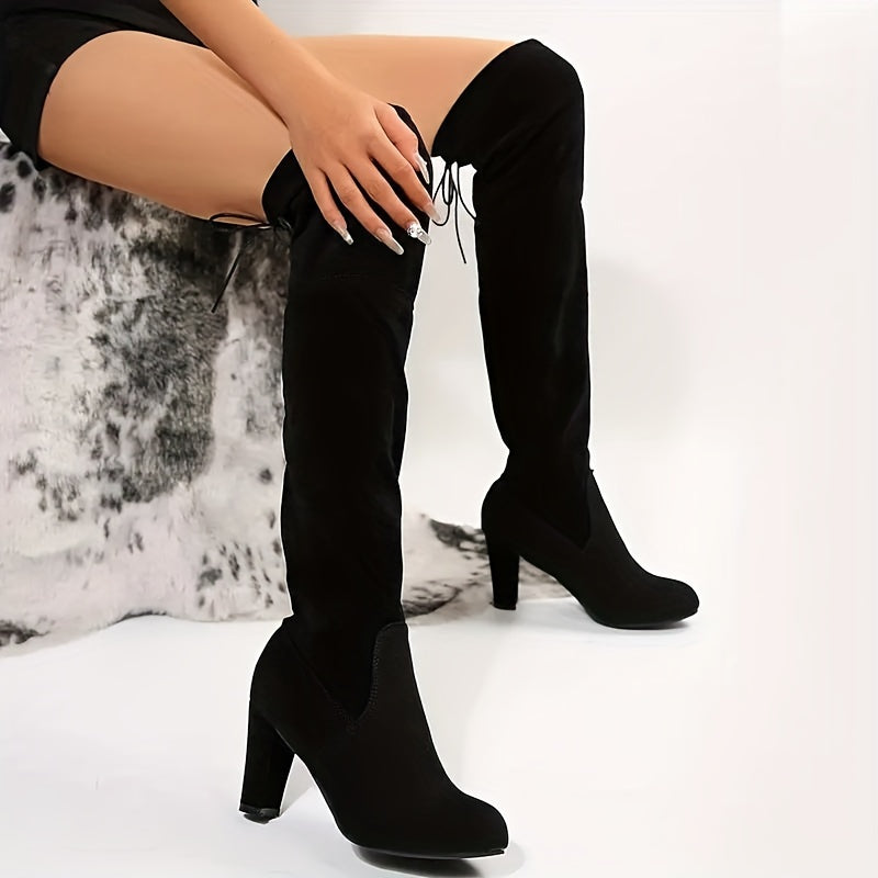 Bottes Cuissardes Femme à Talon Carré Épais et Lacets Arrière - Style Élégant et Confortable
