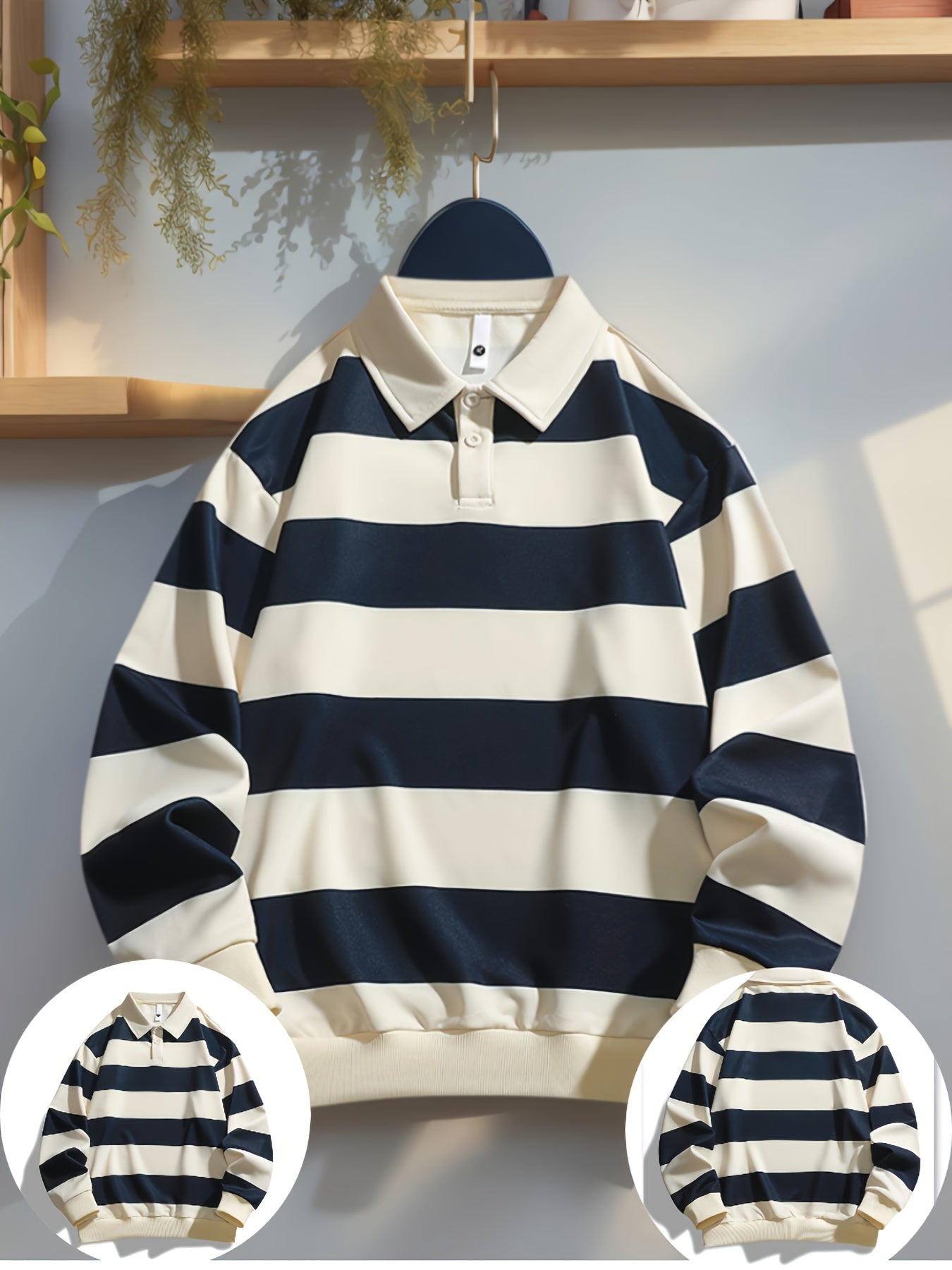 Polo manches longues à rayures horizontales marron et blanc cassé pour homme