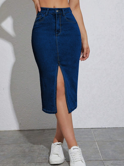 Højhalset pencilskørt med slids til kvinder, casual chic stil, ideel til sommeren