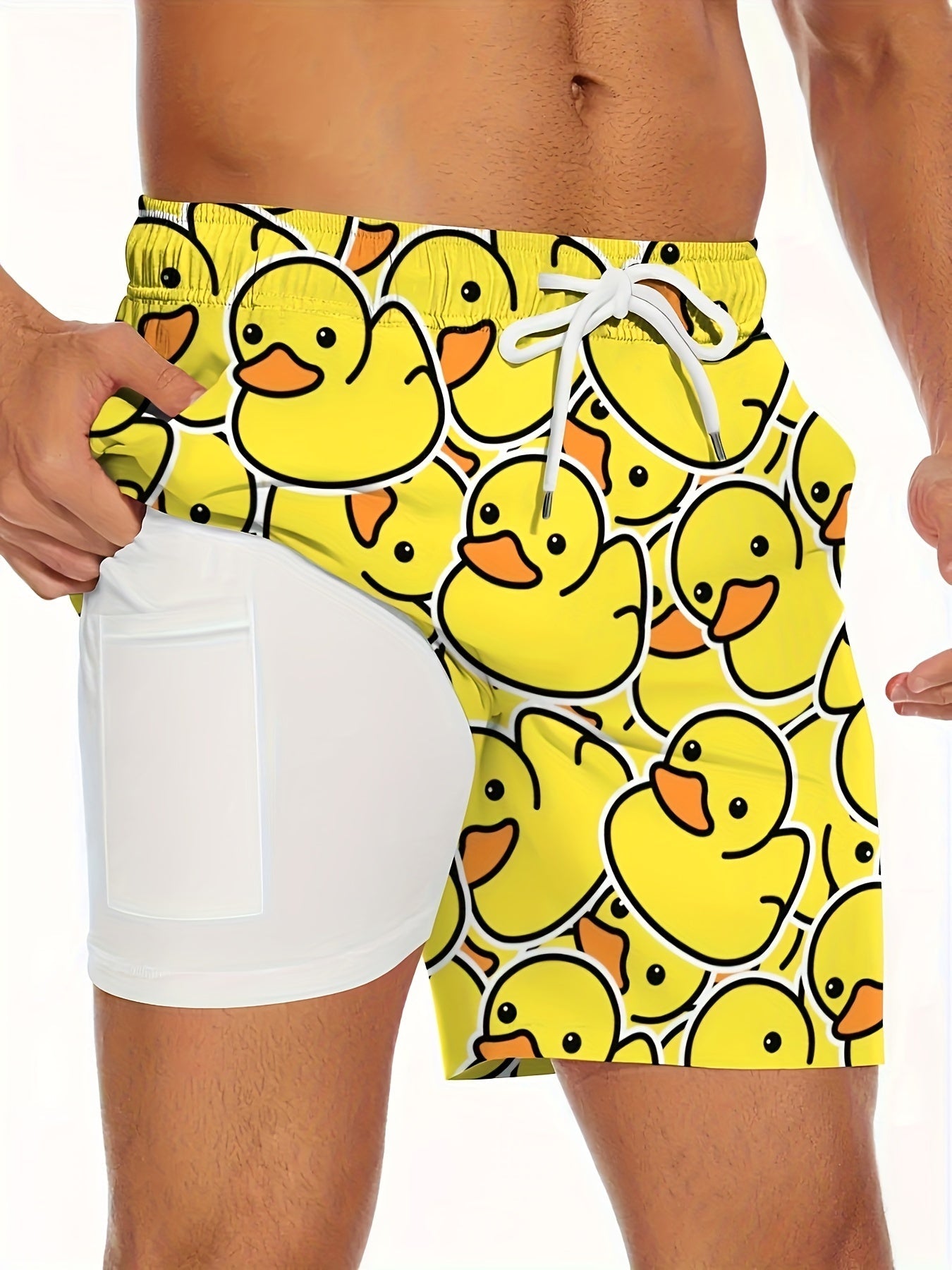 Herren-Badeshorts mit gelbem Entenmotiv, lustiger Stil für Pool und Strand  