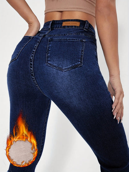Jean évasé taille haute bleu foncé doublé matière douce pour femme