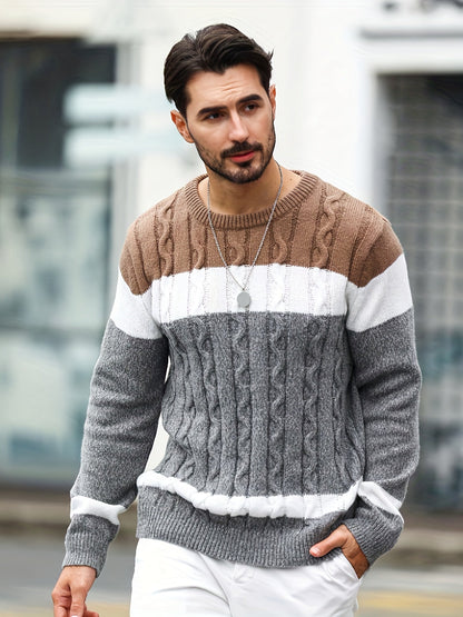 Pull homme tricoté à motifs tressés, rayures marron, blanc et gris