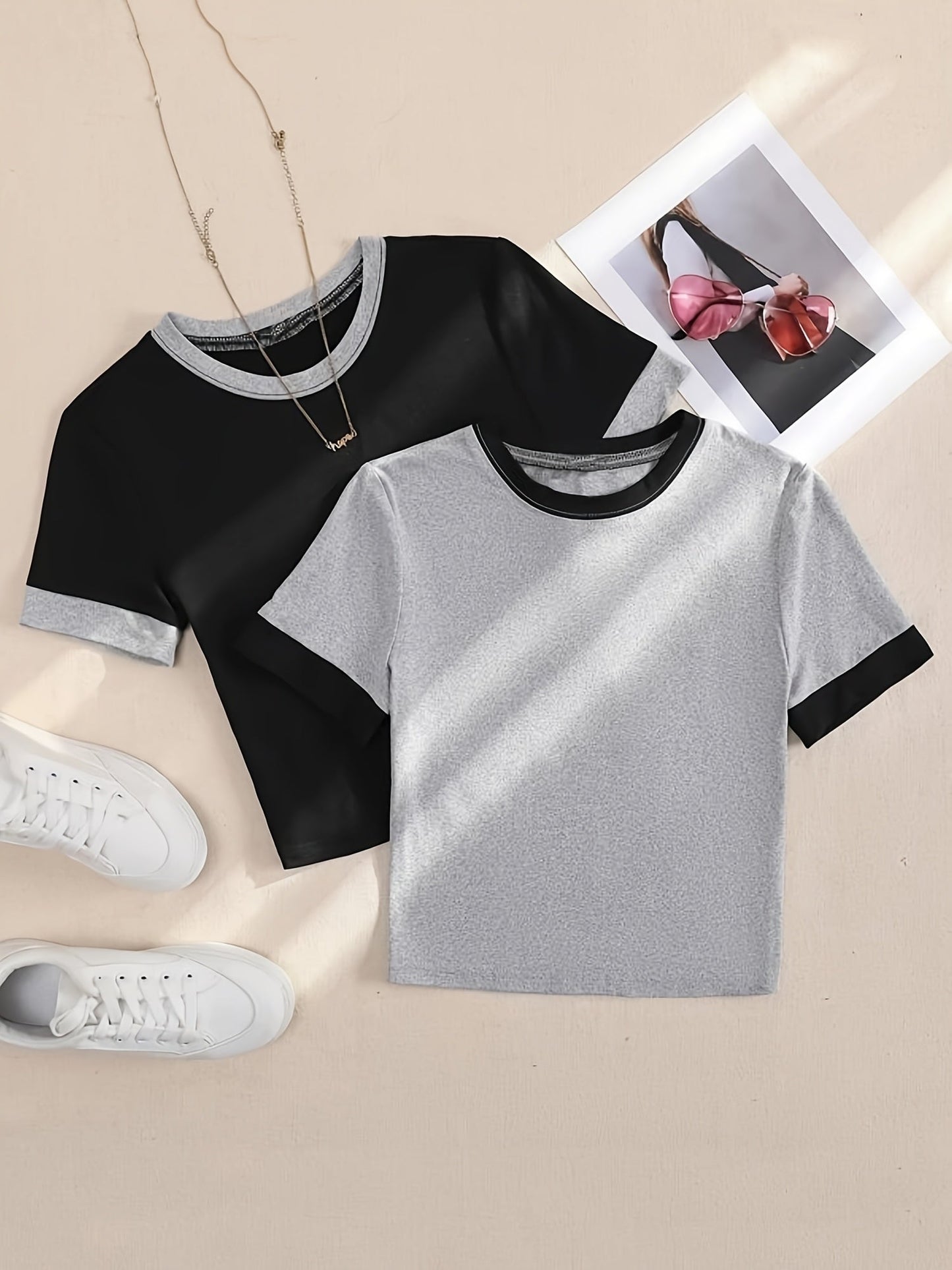 T-shirts style décontracté col rond manches courtes pour femmes - lot de 2