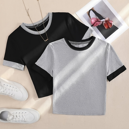 T-shirts style décontracté col rond manches courtes pour femmes - lot de 2