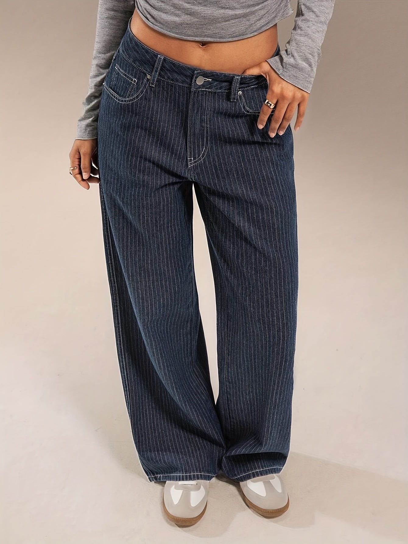 Jean large délavé bleu marine rayé taille haute pour femme