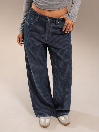 Jean large délavé bleu marine rayé taille haute pour femme