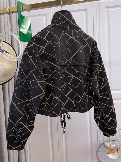 Veste courte à motif floral et abstrait pour femme avec col montant et cordon de serrage