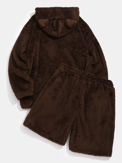 Ensemble Homme Doux en Peluche Marron avec Sweat à Capuche et Short