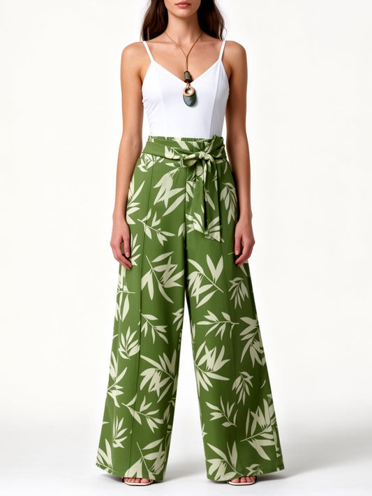 Pantalon large femme style élégant à imprimé feuillage pour printemps et été
