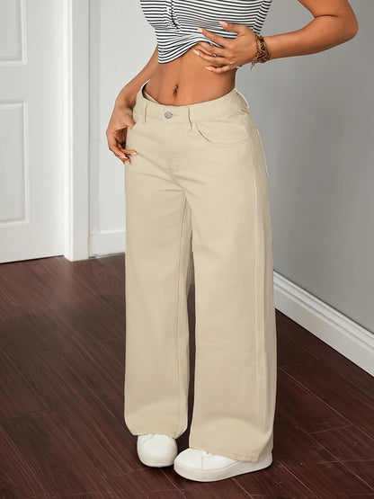 Pantalon large femme couleur écru taille haute décontracté