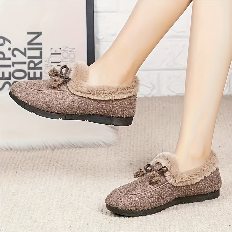 Mocassins Femme Doux et Chauds Noirs avec Nœuds Décoratifs