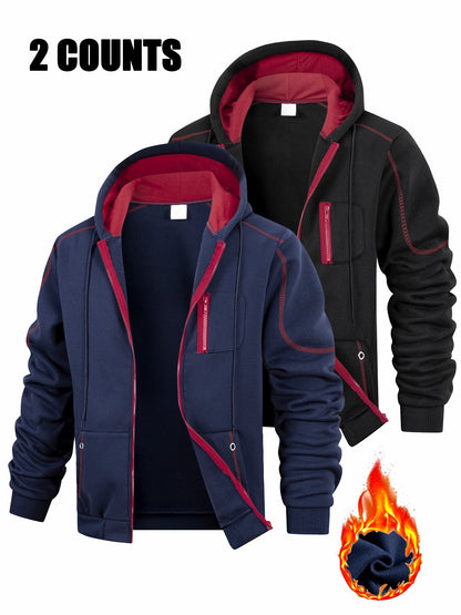 Lot de 2 Hoodies Homme Zippés Bicolores Chauds avec Capuche et Poches