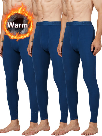 Lot de 3 caleçons longs thermiques pour homme – Bas de sous-vêtement chaud, couleur unie
